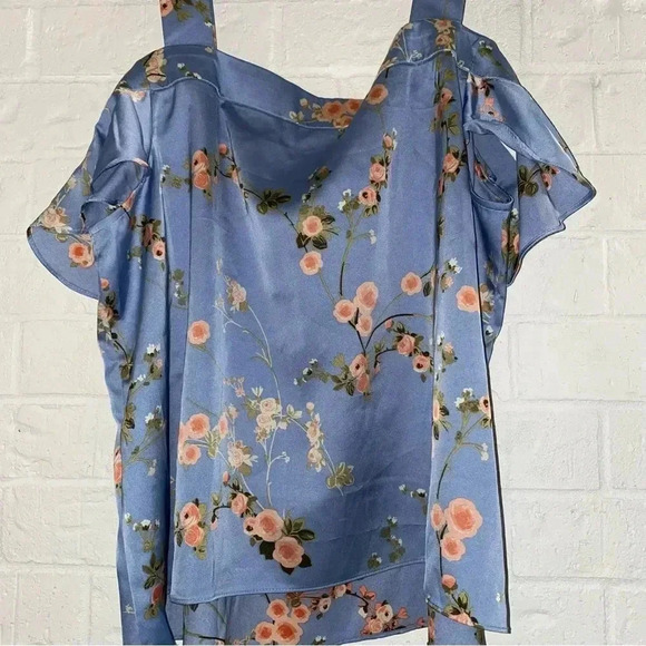 Women’s Size Large Too Cold Shoulder Floral Work Top Office Light Blue Soft - Picture 4 of 8